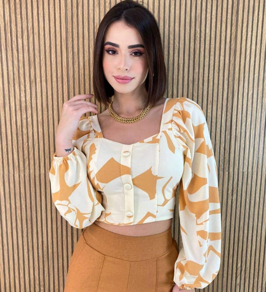 Cropped Feminino Manga Longa com Amarração Estampa Bege - Fernanda Ramos Store
