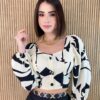 Cropped Feminino Manga Longa com Amarração Estampa Preto - Fernanda Ramos Store