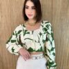 Cropped Feminino Manga Longa com Amarração Estampa Verde - Fernanda Ramos Store