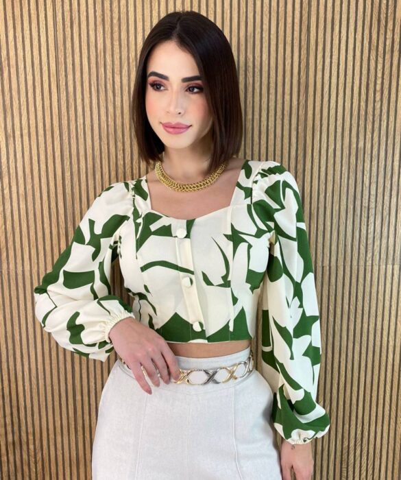 Cropped Feminino Manga Longa com Amarração Estampa Verde - Fernanda Ramos Store