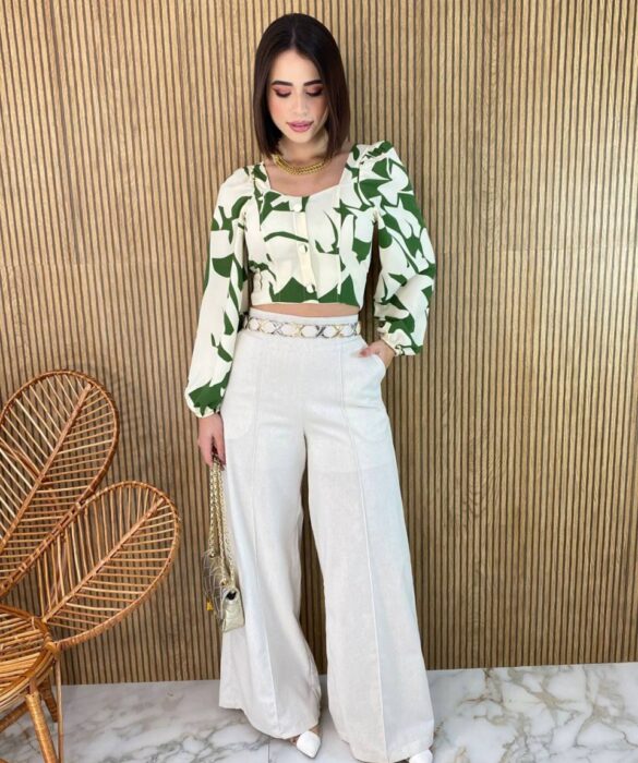 Cropped Feminino Manga Longa com Amarração Estampa Verde - Fernanda Ramos Store