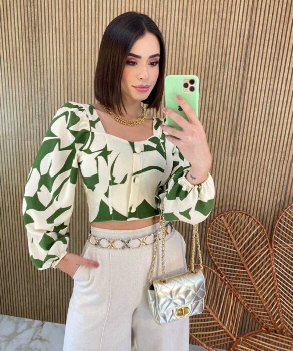 Cropped Feminino Manga Longa com Amarração Estampa Verde - Fernanda Ramos Store