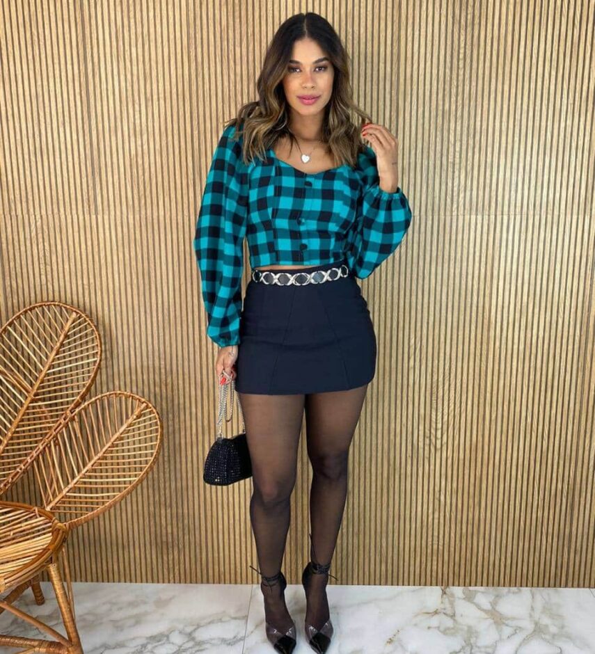 Cropped Feminino Manga Longa com Amarração Xadrez Verde - Fernanda Ramos Store