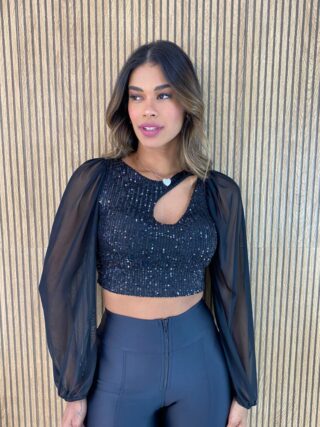 Cropped Feminino Manga Longa com Bojo de Paetê Preto - Fernanda Ramos Store