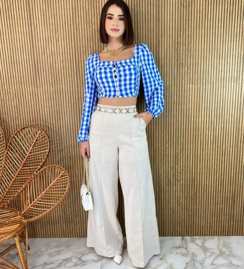 Cropped Feminino Manga Longa com Botões Xadrez Azul - Fernanda Ramos Store
