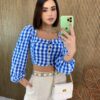 Cropped Feminino Manga Longa com Botões Xadrez Azul - Fernanda Ramos Store