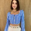 Cropped Feminino Manga Longa com Botões Xadrez Azul - Fernanda Ramos Store