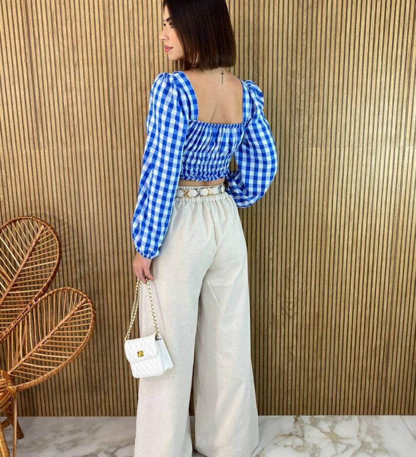 Cropped Feminino Manga Longa com Botões Xadrez Azul - Fernanda Ramos Store