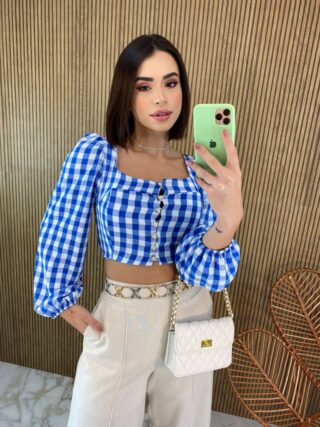 Cropped Feminino Manga Longa com Botões Xadrez Azul - Fernanda Ramos Store