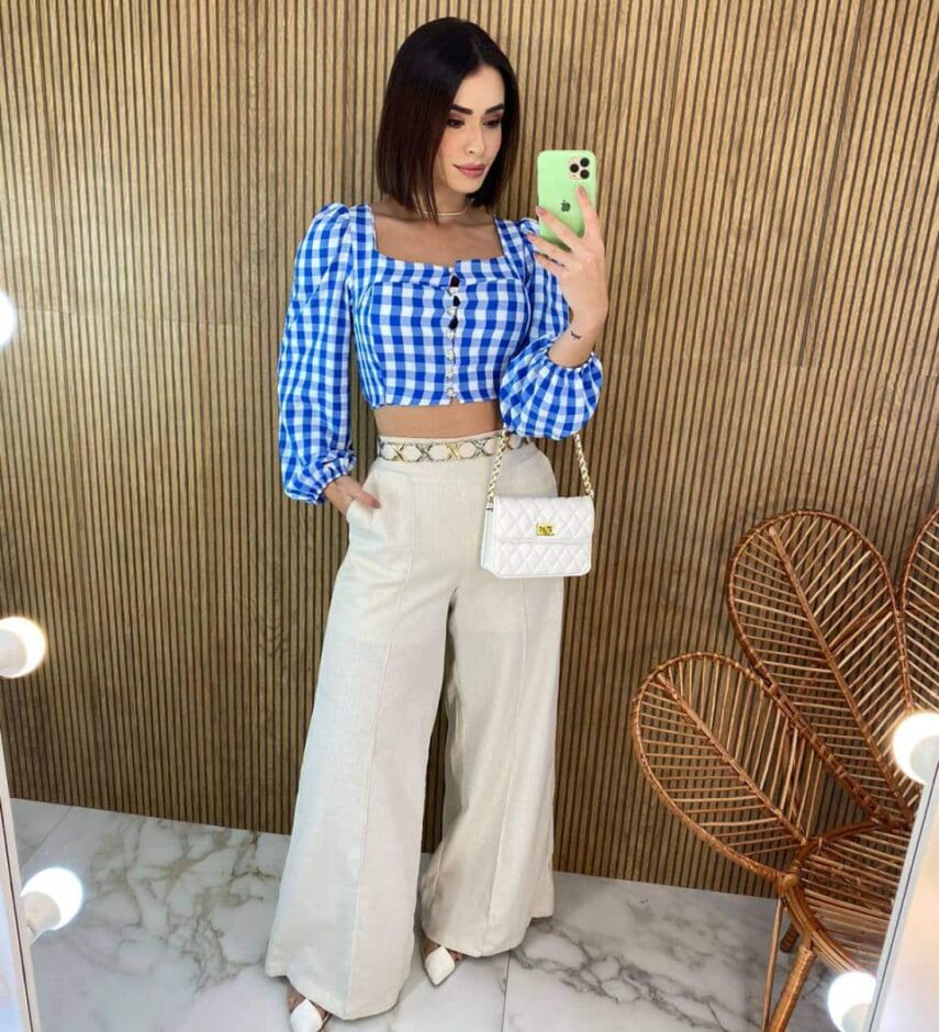 Cropped Feminino Manga Longa com Botões Xadrez Azul - Fernanda Ramos Store