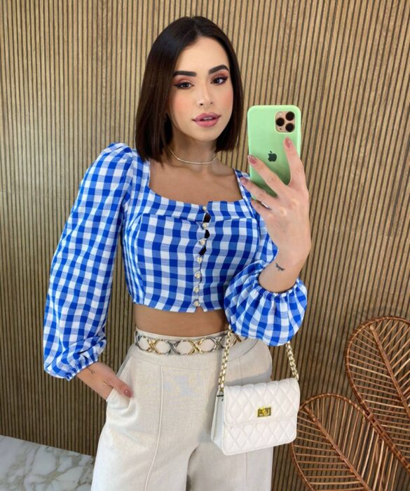 Cropped Feminino Manga Longa com Botões Xadrez Azul - Fernanda Ramos Store