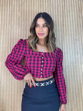 Cropped Feminino Manga Longa com Botões Xadrez Pink - Fernanda Ramos Store