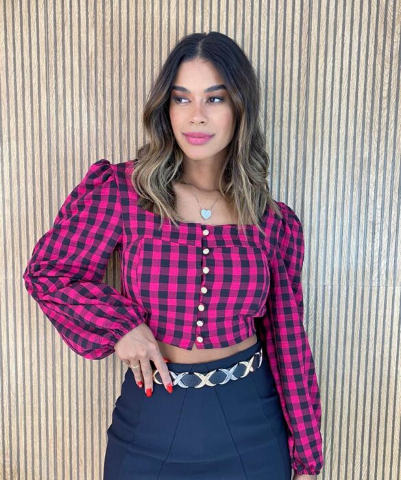 Cropped Feminino Manga Longa com Botões Xadrez Pink - Fernanda Ramos Store