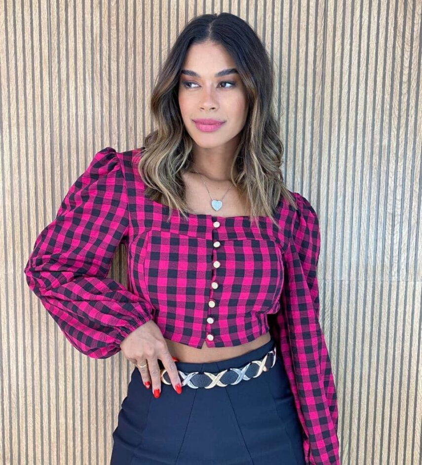 Cropped Feminino Manga Longa com Botões Xadrez Pink - Fernanda Ramos Store