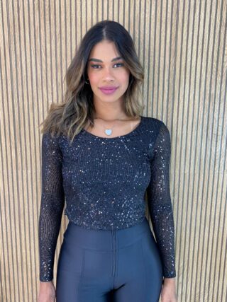 Cropped Feminino Manga Longa de Paetê Preto - Fernanda Ramos Store