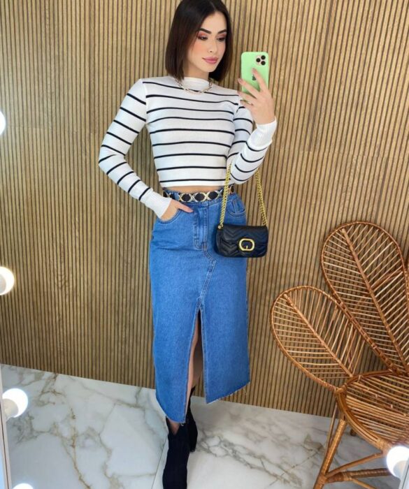 Cropped Feminino Manga Longa Modal Alongado Listrado Branco - Fernanda Ramos Store