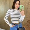 Cropped Feminino Manga Longa Modal Alongado Listrado Branco - Fernanda Ramos Store