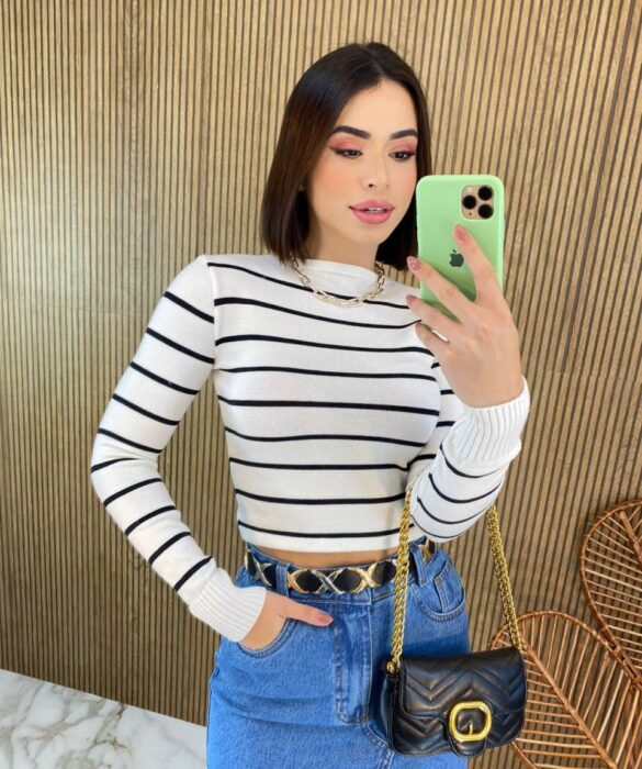 Cropped Feminino Manga Longa Modal Alongado Listrado Branco - Fernanda Ramos Store