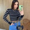 Cropped Feminino Manga Longa Modal Alongado Listrado Preto - Fernanda Ramos Store