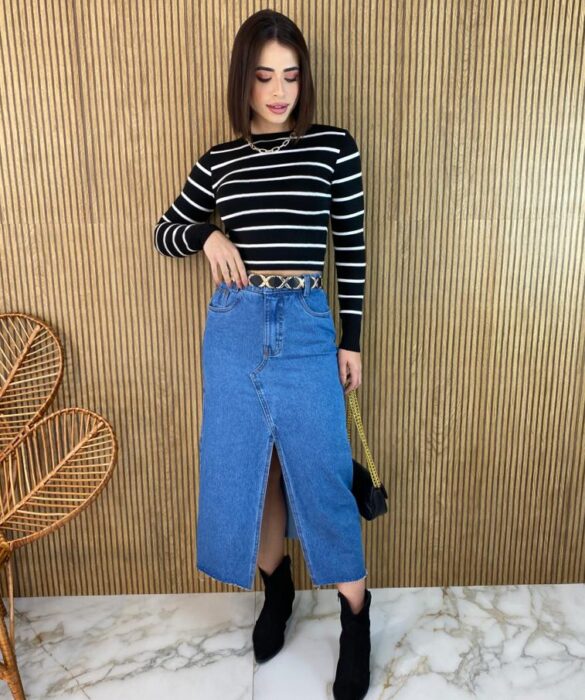 Cropped Feminino Manga Longa Modal Alongado Listrado Preto - Fernanda Ramos Store