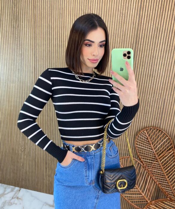 Cropped Feminino Manga Longa Modal Alongado Listrado Preto - Fernanda Ramos Store