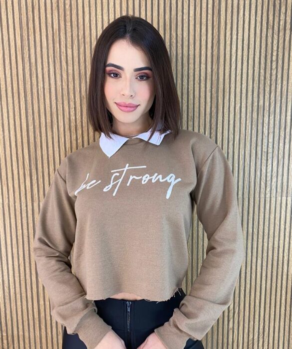 Cropped Feminino Manga Longa Moletom Be Strong Marrom - Fernanda Ramos Store