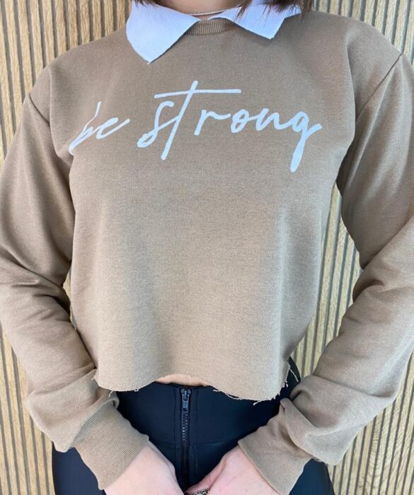 Cropped Feminino Manga Longa Moletom Be Strong Marrom - Fernanda Ramos Store