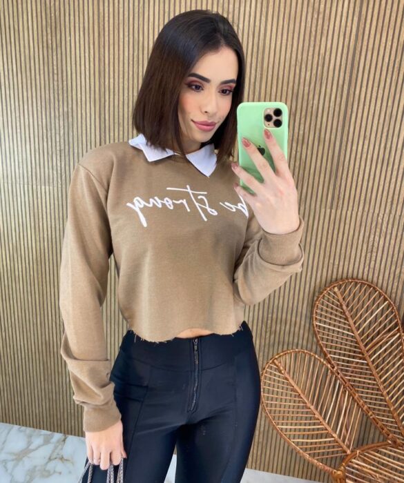 Cropped Feminino Manga Longa Moletom Be Strong Marrom - Fernanda Ramos Store