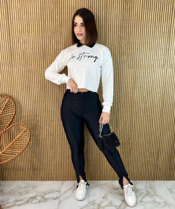 Cropped Feminino Manga Longa Moletom Be Strong Off White - Fernanda Ramos Store