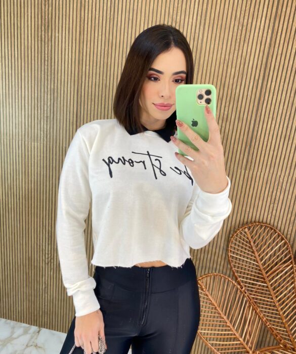 Cropped Feminino Manga Longa Moletom Be Strong Off White - Fernanda Ramos Store