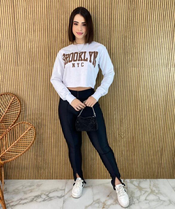 Cropped Feminino Manga Longa Moletom Brooklyn Branco - Fernanda Ramos Store