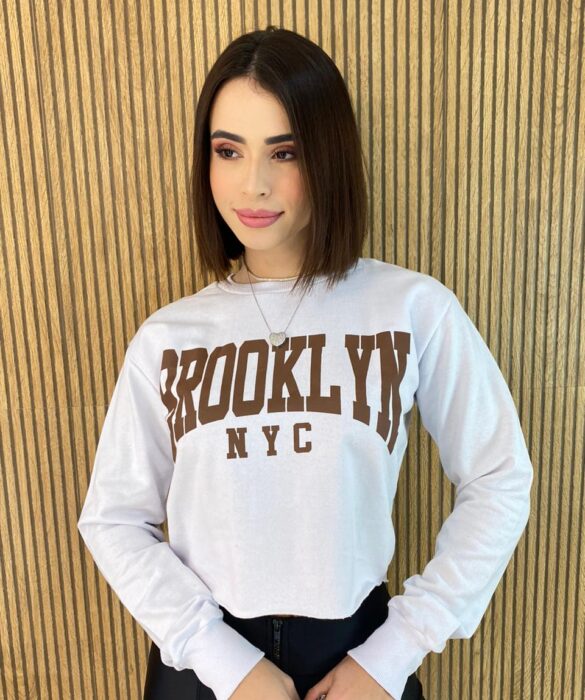 Cropped Feminino Manga Longa Moletom Brooklyn Branco - Fernanda Ramos Store