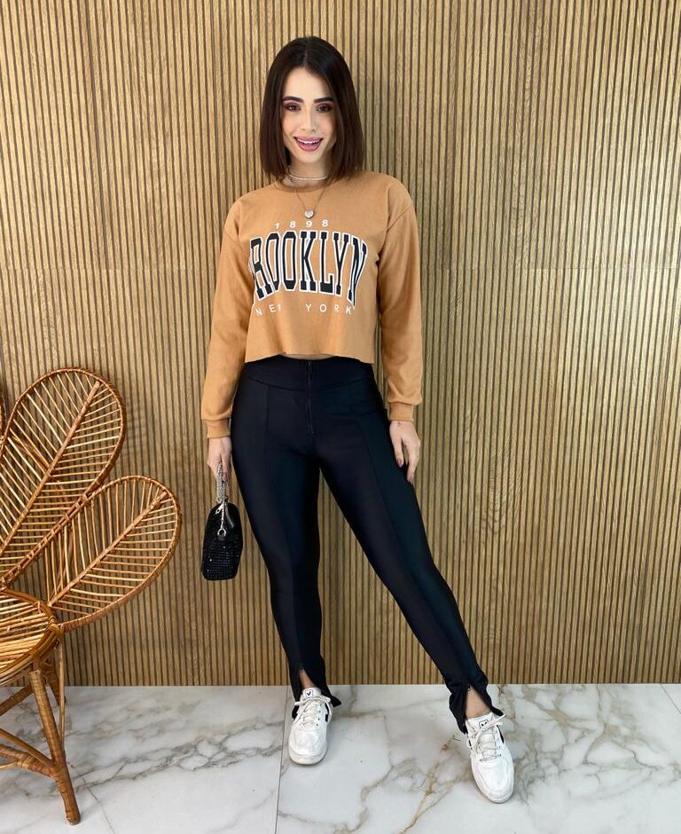 Cropped Feminino Manga Longa Moletom Brooklyn Marrom - Fernanda Ramos Store