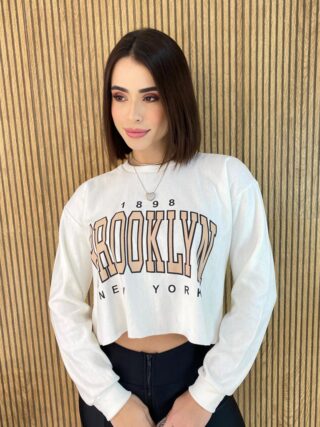 Cropped Feminino Manga Longa Moletom Brooklyn Off White - Fernanda Ramos Store