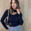 Cropped Feminino Manga Longa Tricot Modal com Abertura Preto - Fernanda Ramos Store