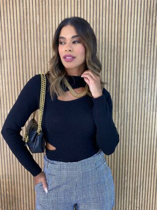 Cropped Feminino Manga Longa Tricot Modal com Abertura Preto - Fernanda Ramos Store