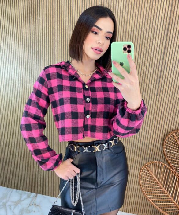 Cropped Feminino Manga Longa Xadrez Liz Pink - Fernanda Ramos Store