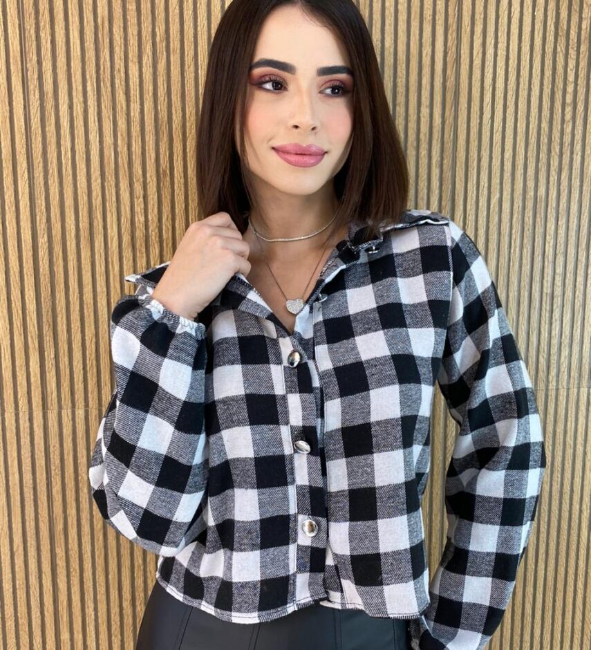 Cropped Feminino Manga Longa Xadrez Liz Preto e Branco - Fernanda Ramos Store