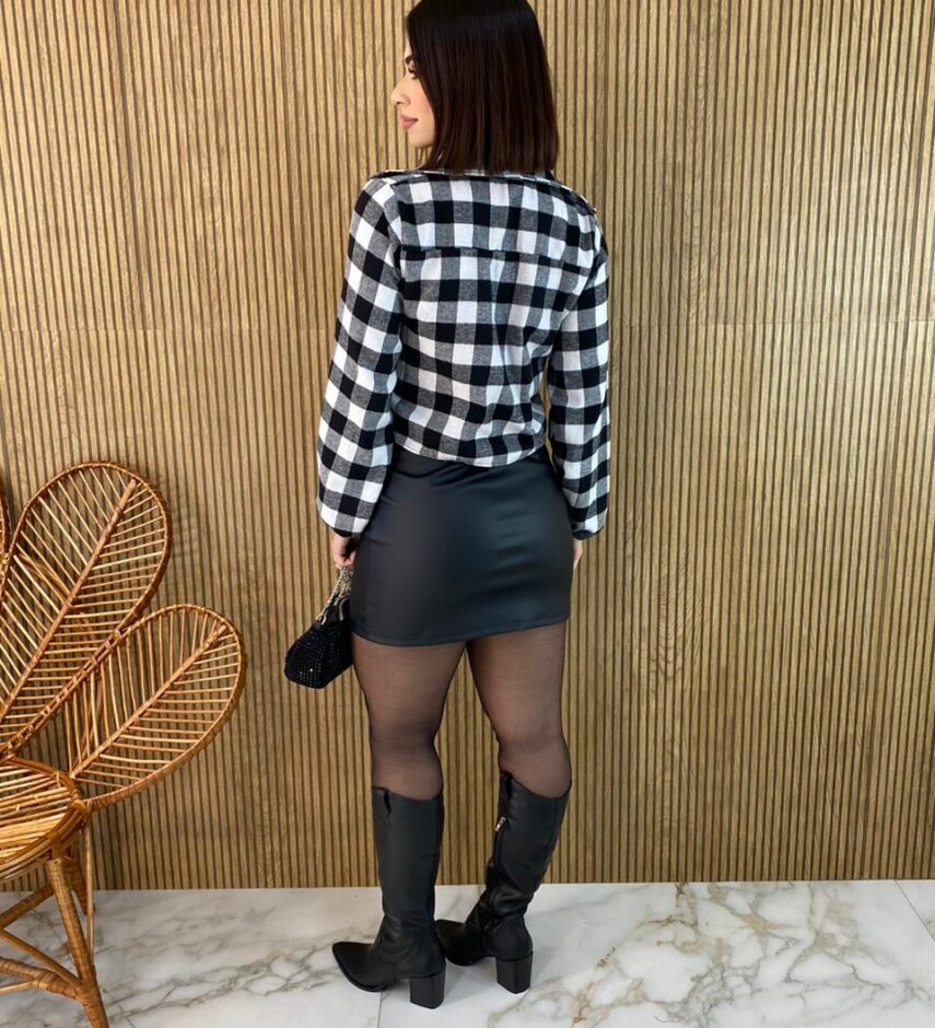 Cropped Feminino Manga Longa Xadrez Liz Preto e Branco - Fernanda Ramos Store