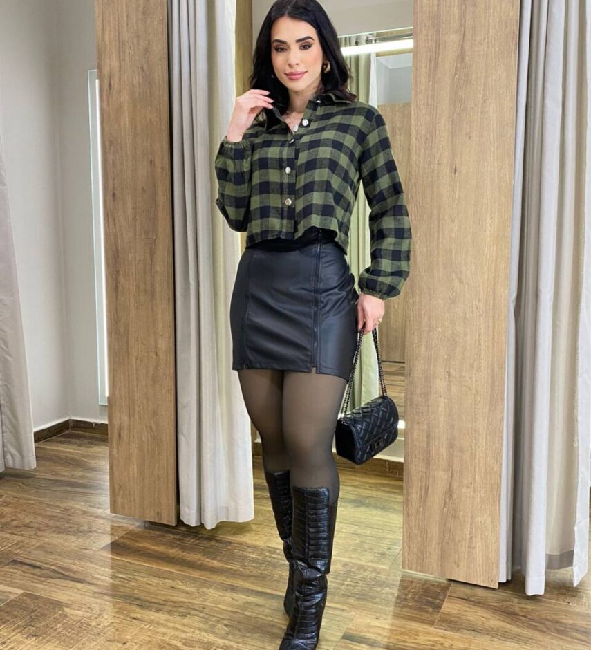 Cropped Feminino Manga Longa Liz Xadrez Verde - Fernanda Ramos Store