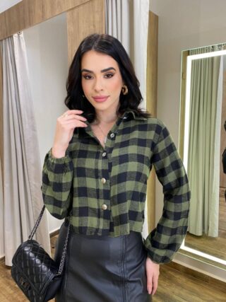 Cropped Feminino Manga Longa Liz Xadrez Verde - Fernanda Ramos Store