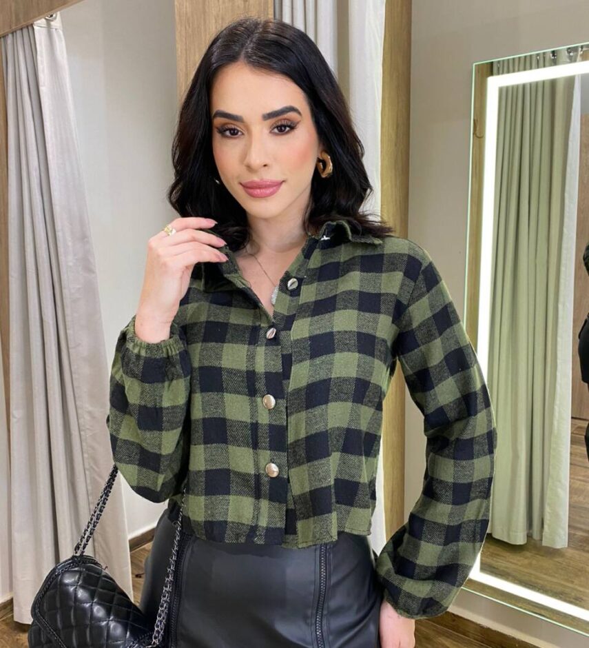 Cropped Feminino Manga Longa Liz Xadrez Verde - Fernanda Ramos Store