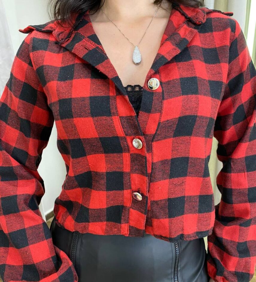 Cropped Feminino Manga Longa Liz Xadrez Vermelho - Fernanda Ramos Store