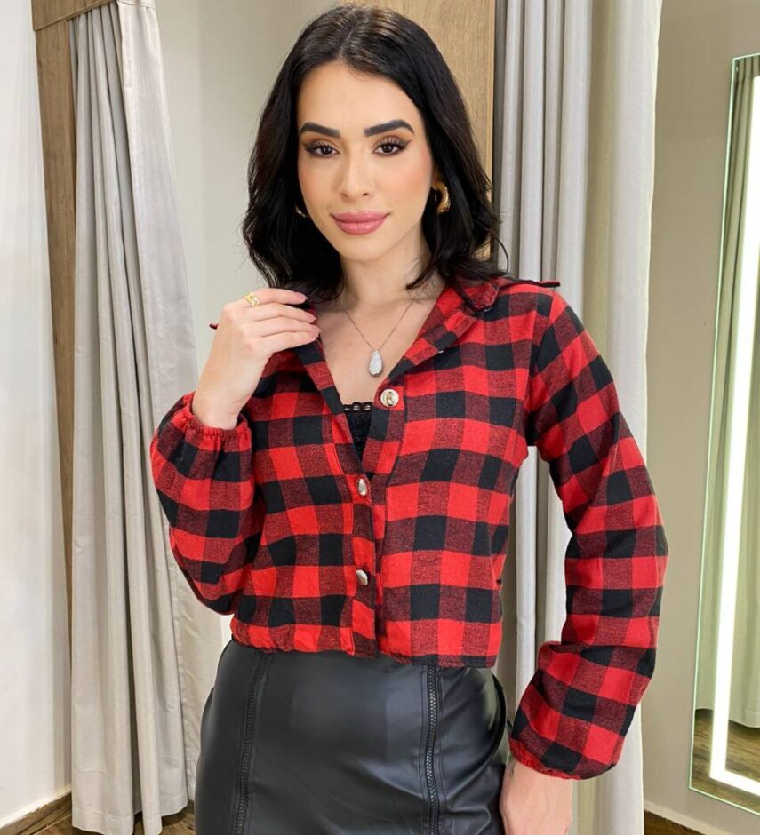 Cropped Feminino Manga Longa Liz Xadrez Vermelho - Fernanda Ramos Store