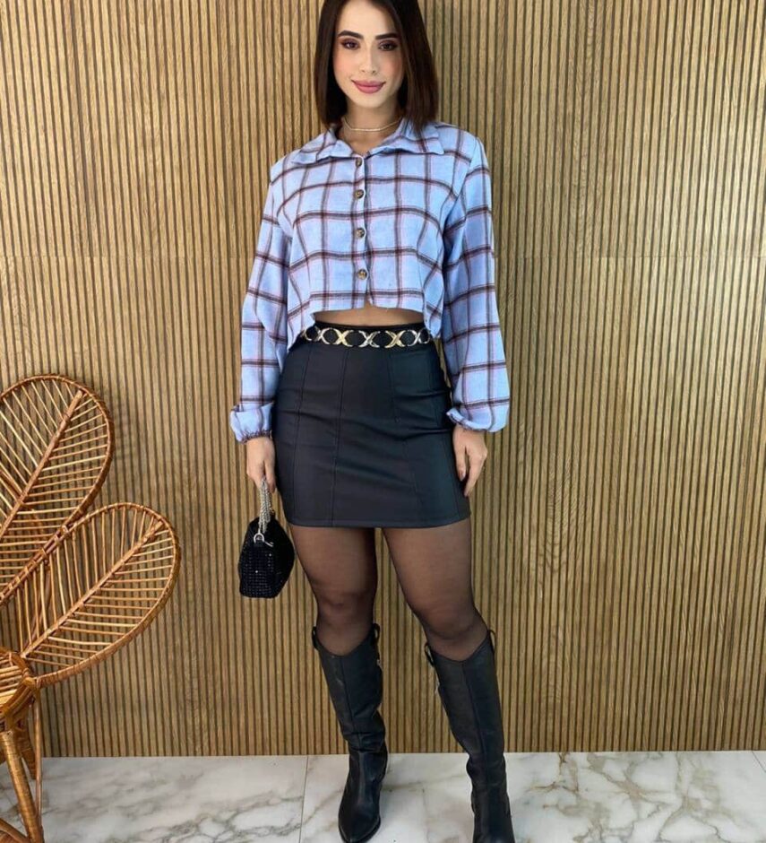 Cropped Feminino Manga Longa Xadrez Nina Azul - Fernanda Ramos Store