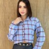 Cropped Feminino Manga Longa Xadrez Nina Azul - Fernanda Ramos Store