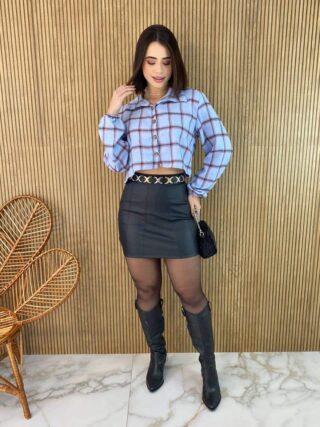 Cropped Feminino Manga Longa Xadrez Nina Azul - Fernanda Ramos Store