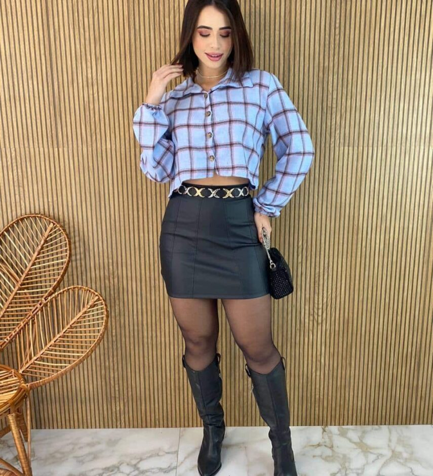 Cropped Feminino Manga Longa Xadrez Nina Azul - Fernanda Ramos Store