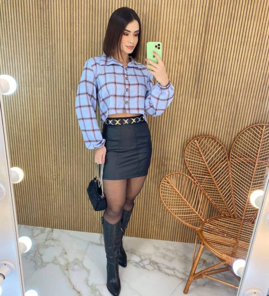 Cropped Feminino Manga Longa Xadrez Nina Azul - Fernanda Ramos Store