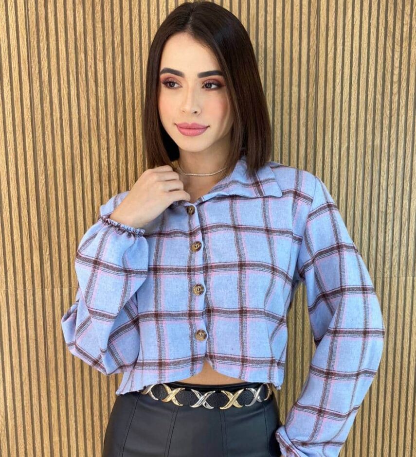 Cropped Feminino Manga Longa Xadrez Nina Azul - Fernanda Ramos Store